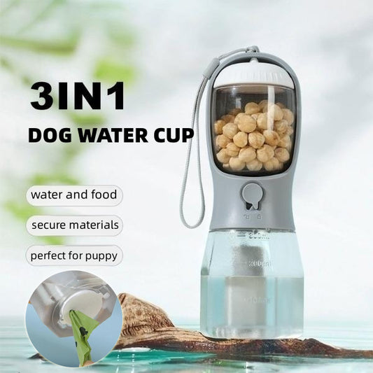 Petdom 3-in-1 Portable Pet Water Bottle with Food Container & Waste Bag Dispenser – For Dogs & Cats