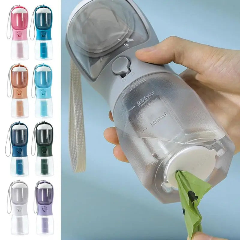 Petdom 3-in-1 Portable Pet Water Bottle with Food Container & Waste Bag Dispenser – For Dogs & Cats