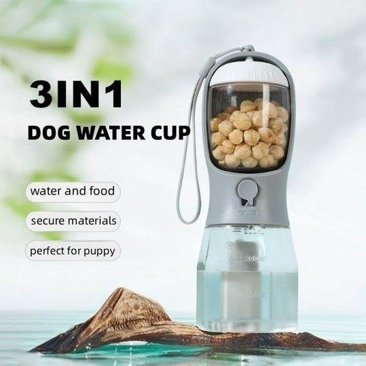 Petdom 3-in-1 Portable Pet Water Bottle with Food Container & Waste Bag Dispenser – For Dogs & Cats